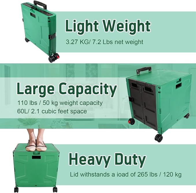 FELICON Folding Utility Cart Rolling Crate Handcart Basket-Dark Green+Black | - Image 6