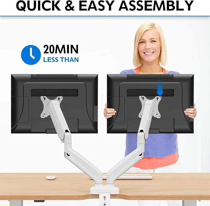 MOUNTUP Dual Monitor Stand for Desk, Pneumatic Monitor Arms for 2 Monitors Max 32 Inches, Height Adjustable Double Monitor Mount, VESA Mounts with C-Clamp & Grommet Base, Holds 4.4-17.6lbs, White-DeskLoop Office