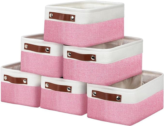 DULLEMELO Small Storage Baskets 6 Pack, Fabric Collapsible Gift Storage Baskets for Shelves, Closets, Nursery, Home, Office Organizing,Small Canvas Linen Rectangular Storage Bins (6-Pack, White&Pink)-DeskLoop Office