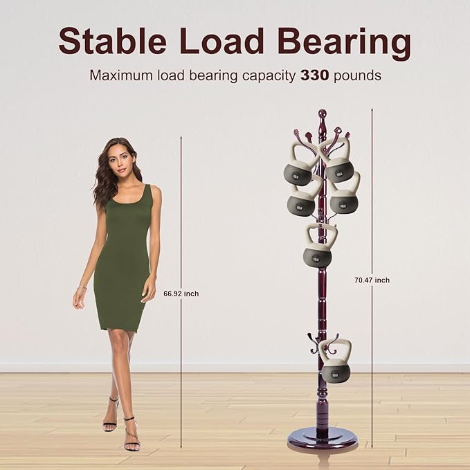 Solid Wood Coat Rack – 72" Freestanding Coat Racks Stand with 14 Hooks & Stable Base, Adjustable Height Modern Wooden Hall Tree for Entryway, Bedroom, Office, Home (Mahogany Lucky Hook)-DeskLoop Office