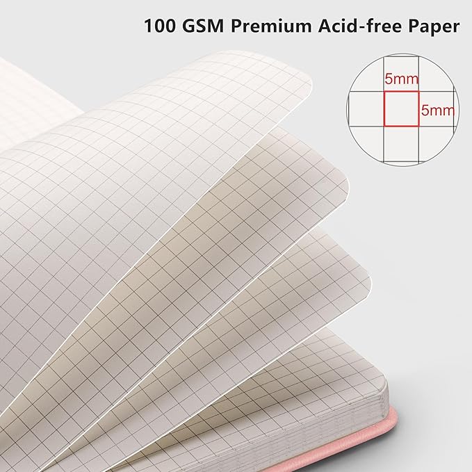 RETTACY Graph Grid Paper Notebook, 192 Pages, A5 Medium Size (5.7'' x 8.3''), 5 Squares per Inch, Leather Hardcover, 100 GSM Thick Paper, for School, Students, Math, Engineering (Pink)-DeskLoop Office
