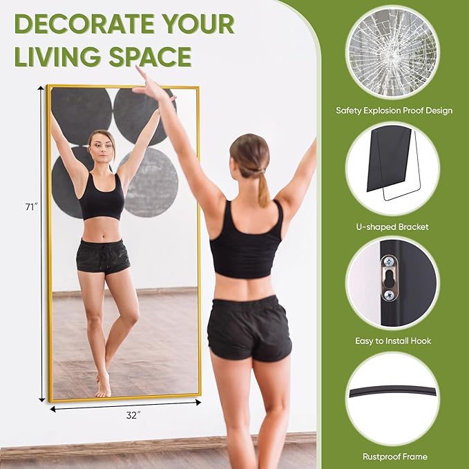 Full-Length Floor Mirror with Stand, 71"x32" Rectangle Style Full Body Standing Mirror for Bedroom, Living Room, Gym, Dorm - Shatter-Resistant & Easy Assembly, Gold-DeskLoop Office