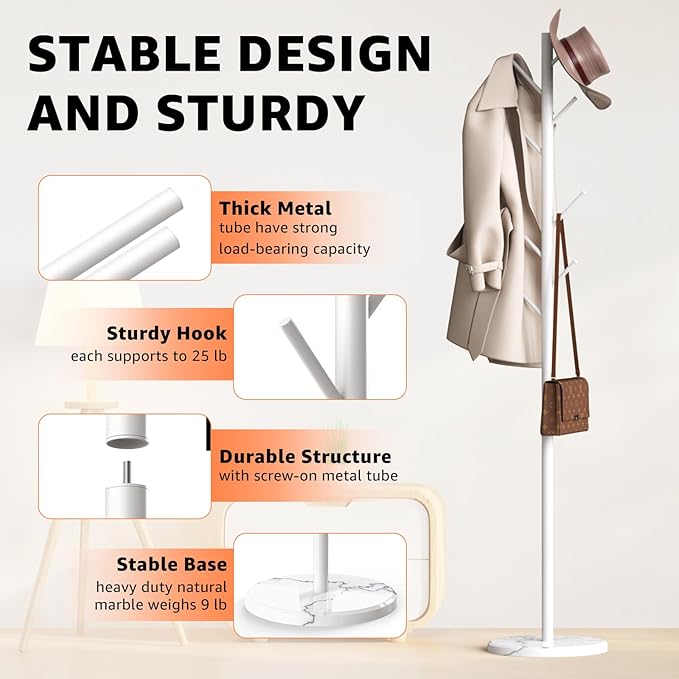 Coat Rack with Natural Marble Base, Metal Freestanding Coat Rack with 8 Hooks, 3 Adjustable Size Sturdy Coat Tree for Bags, Coats, and Hats for Entryway, Hallway, Bedroom, Office, White-DeskLoop Office
