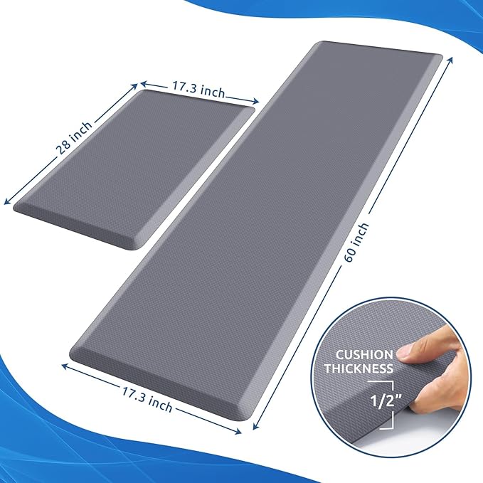 KitchenClouds 2PCS Kitchen Rugs Cushioned Anti-Fatigue Non-Slip Waterproof Kitchen Mat Comfort Foam Standing Mat for Floor Office Sink Laundry (Grey)-DeskLoop Office