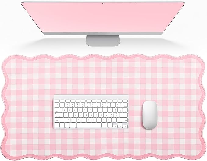Scalloped Gingham Pink Desk Mat, Large Cute Desk Pad by Unknown