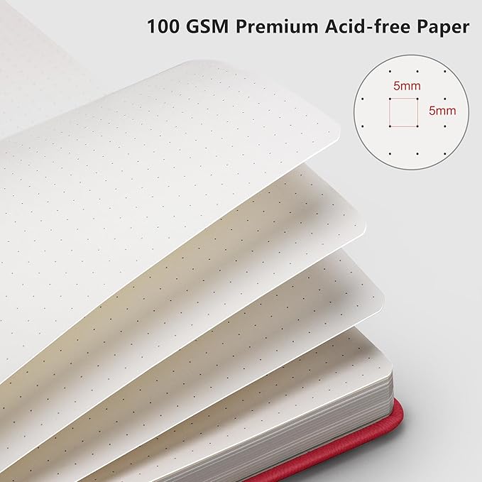 RETTACY Bullet Dotted Journal Notebook, 192 Pages, A5 Medium Size (5.7'' x 8.3''), Leather Hardcover, 100 GSM Thick Paper, for Bullet Journaling, Planning, Tracking (Red)-DeskLoop Office