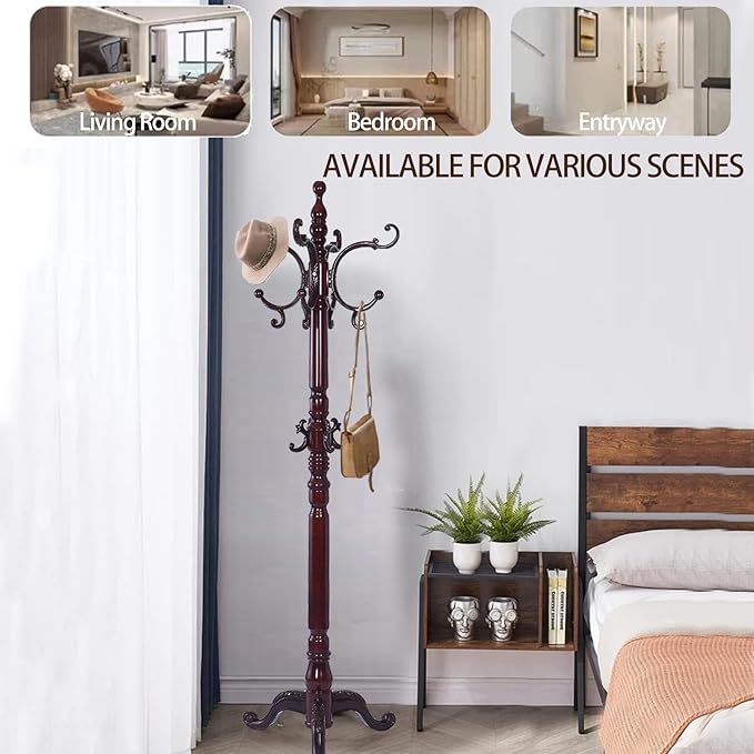 Wooden Coat Racks, Retro 78" Coat Tree with 14 Hooks & Stable Triangular Base, Entryway Coat Rack Freestanding for Hat, Clothes, Scarves, Handbags, Umbrella (Mahogany)-DeskLoop Office