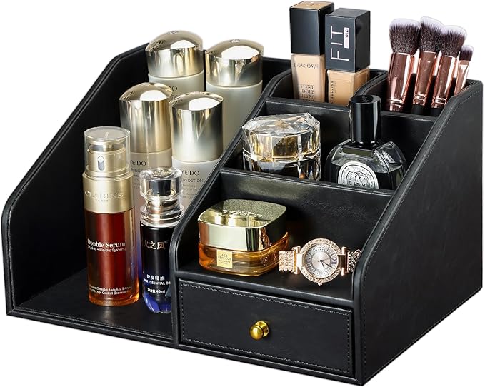 KINGFOM PU Leather Desk Organizer, Multifunction 6 Compartment Desk Organizers and Accessories for Office Supplies, Pen Pencil Holder/Book Mail Organizer Holder for Desk with Drawer(Black)-DeskLoop Office