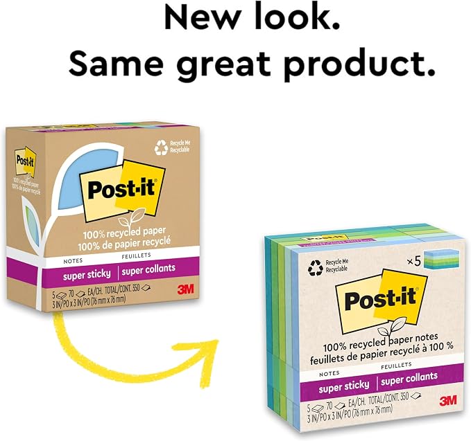 Post-it 100% Recycled Paper Super Sticky Notes, 3 in. x 3 in., 5 Pads, 70 - Image 9