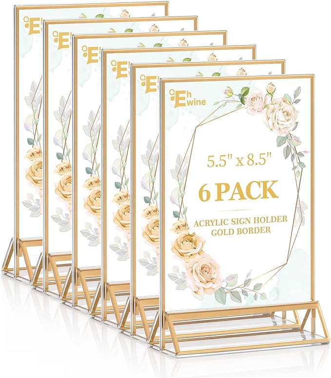 EHWINE 6 Pack Acrylic Sign Holder 5.5 x 8.5, Double Sided Gold Picture Frame by EHWINE