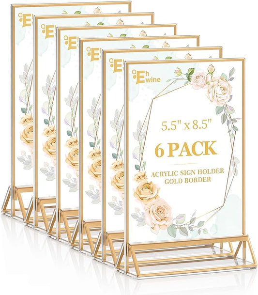 EHWINE 6 Pack Acrylic Sign Holder 5.5 x 8.5, Double Sided Gold Picture Frame by EHWINE