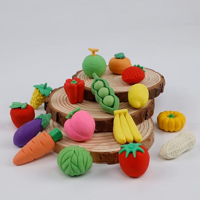 Cllayees 72 Pcs Assorted Fruit Pencil Erasers Toy Set, Mini Vegetable Puzzle - Image 3