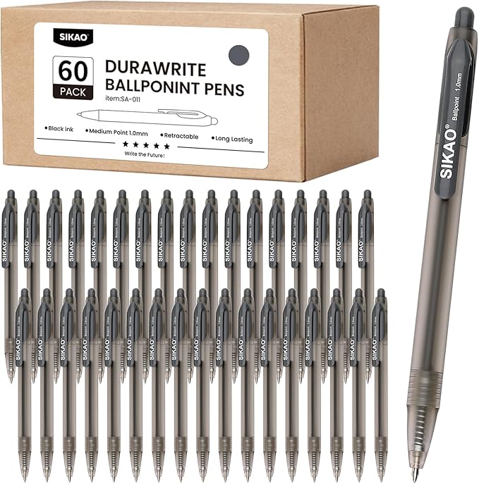 Gray Pens Bluk | 60 Pack Durawrite Retractable Ballpoint Smooth Writing | Ball Point Click Pens Black Ink 1.0mm with Clear & Vivid Lines for Servers School Office Supplies, Lapiceros