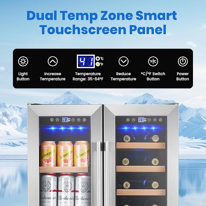 24 Inch Wine and Beverage Refrigerator Under Counter, Dual Zone 20 Bottles & 88 Cans Beverage Fridge with Stainless Steel Tempered Glass Door, Built-in/Freestanding Mini Fridge for Office/Bar/Kitchen-DeskLoop Office