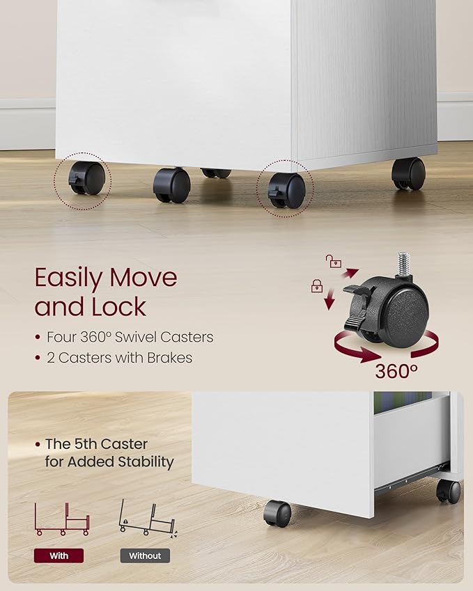 VASAGLE 2-Drawer File Cabinet, Small Rolling Filing Cabinet for Home Office, Printer Stand, for A4, Letter-Size Documents, 15.7 x 16.5 x 27.6 Inches, Snow White UOFC040W46-DeskLoop Office