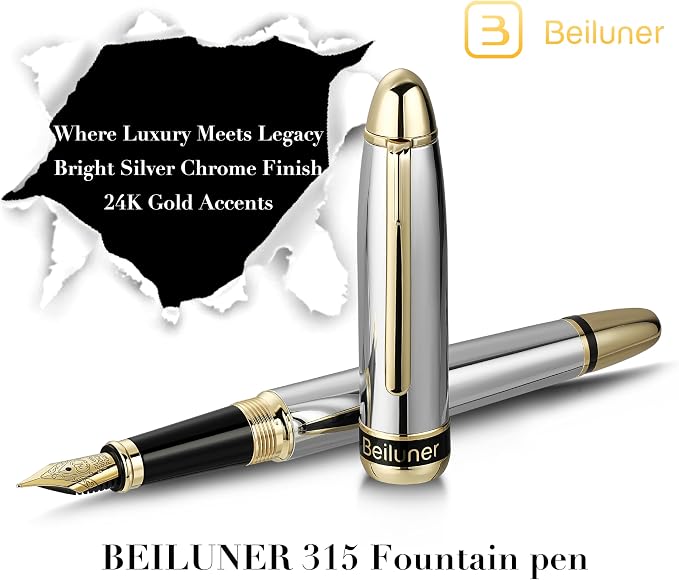BEILUNER 315 Silver Chrome Fountain Pen, Stunning Luxury Pens - Image 2