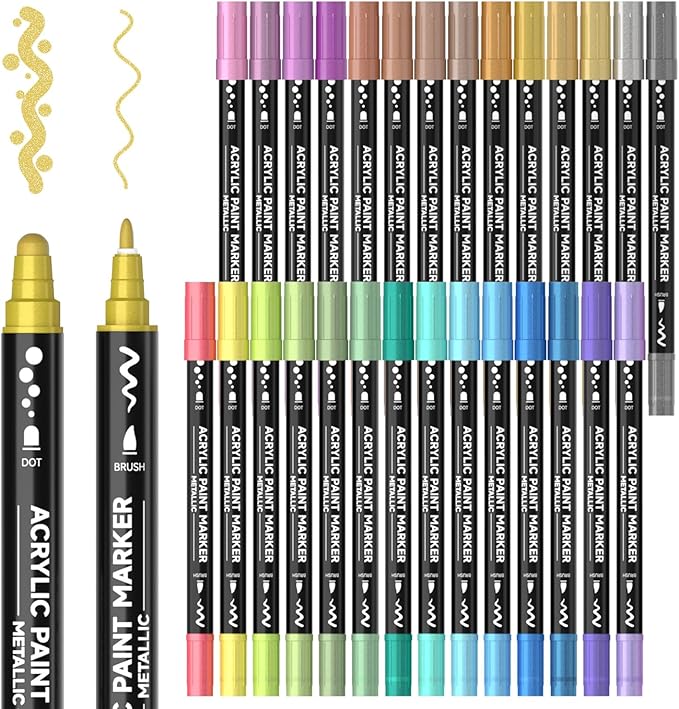 28 Metallic Colors Dual Tip Acrylic Paint Markers, Dot Tip and Fine Tip Acrylic Paint Pens for Rock Painting, Ceramic, Wood, Canvas, Plastic, Glass, Stone, Calligraphy, Card Making, DIY Crafts-DeskLoop Office