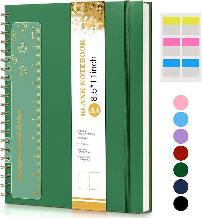 Blank Spiral Notebook Journal 8.5” x 11”, A4 Large Sketch Book for Women Men, 100 GSM Blank Paper Drawing Notebook, Plastic Hardcover Spiral Bound Sketchbook for Sketching Work School Writing, Green-DeskLoop Office