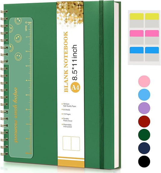 Blank Spiral Notebook Journal 8.5” x 11”, A4 Large Sketch Book for Women Men, 100 GSM Blank Paper Drawing Notebook, Plastic Hardcover Spiral Bound Sketchbook for Sketching Work School Writing, Green-DeskLoop Office