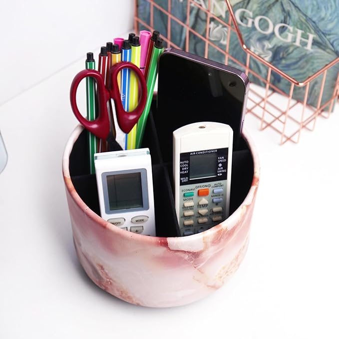 Round Leather Art Supply Organizer,Remote Control Holder,360-degree Rotating Pen Organizer with 4 Compartments(1-Marble Pink)-DeskLoop Office
