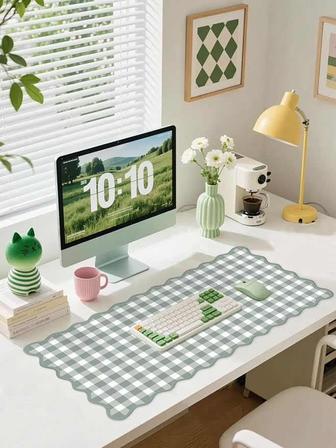 Scalloped‌ Sage Green Checkered Desk Mat Cute Pastel Large Gaming Mouse Pad - Image 2