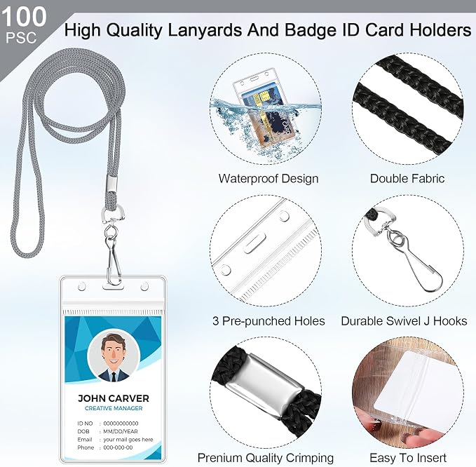 Marspark 100 Pack Lanyard with ID Holder Bulk, Waterproof Resealable Name Tag - Image 3