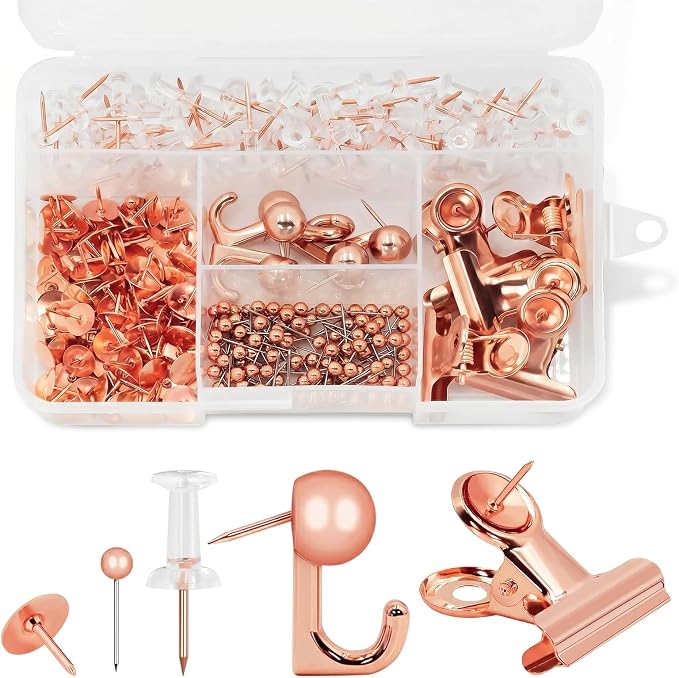 Rose Gold Push Pins Set, 5 Styles Office Pushpins Set in Storage Box by Unknown