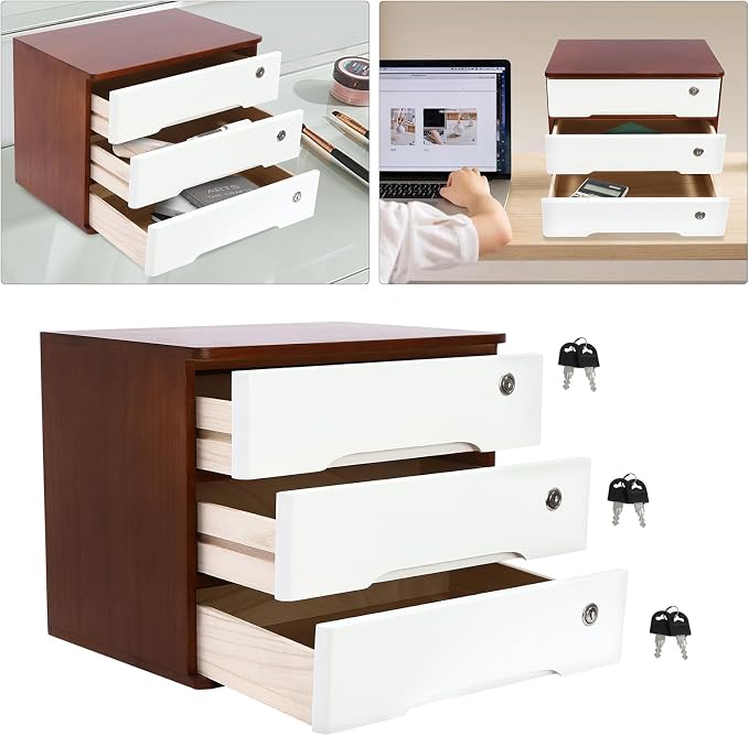 Lockable Desk Organizer Wooden Desktop Drawers Office Flat Files Storage Box - Image 8