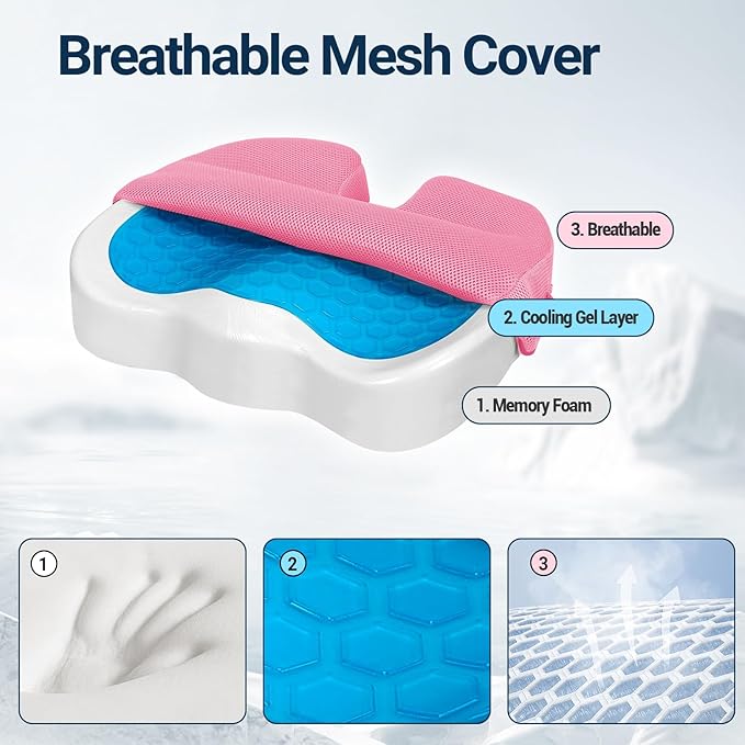 Gel Seat Cushion for Car Office - Memory Foam Pain Relief Chair Pillow Cushions - Tailbone Sciatica Coccyx Butt Lumbar Support Pad for Sitting Driving Traveling, Mesh, Pink-DeskLoop Office