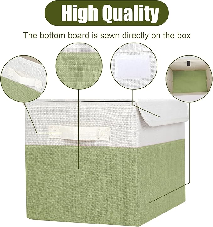 Large 22 Quart Linen Fabric Foldable Storage Bin Cube Organizer Basket with Flip-Top Lid & Handles, Clothes Blanket Box for Home, Office, Closet, Green & White, 4 Pack 14.6 x 9.5 x 9.5-DeskLoop Office