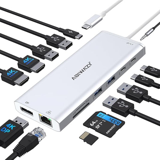USB C Hub USB-C Docking Station Dual Monitor 14 in 1 Triple Display Multiport Adapter with 2 HDMI+DP+7 USB Type C/A Ports+Ethernet+Audio, USBC Dongle for Dell/HP/Lenovo ThinkPad/Surface(Sliver)-DeskLoop Office