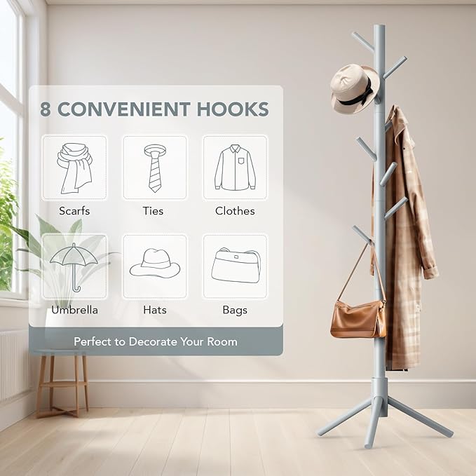 Wooden Tree Coat Rack Stand,Sturdy Freestanding Coat Rack with 8 Hooks,3 Adjustable Height for Child Adult,Wood Coat Stand Tree Fits Entryway Bedroom Office for Bags,Hats-DeskLoop Office