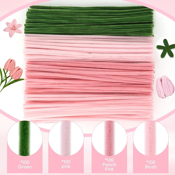 400 Pcs Craft Pipe Cleaners Flowers,4 Colors Chenille Stems Bulk with Floral Wires,Tape,Greeting Card,Bouquet Paper,Hot Glue Stick,Stamen & Ribbon, Holiday Gifts for Women,Men,Teens,Elder