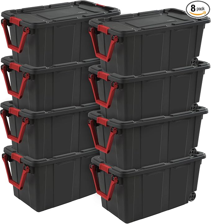 Sterilite 8-Pack Industrial Tote, Heavy-Duty Storage Bins w/Lids and Wheels by Sterilite