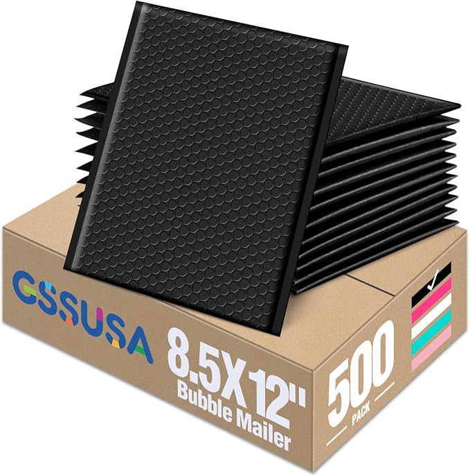GSSUSA Black Bubble Mailers 8.5X12 Inches 500 Pack, Padded Poly Bubble Mailer by GSSUSA