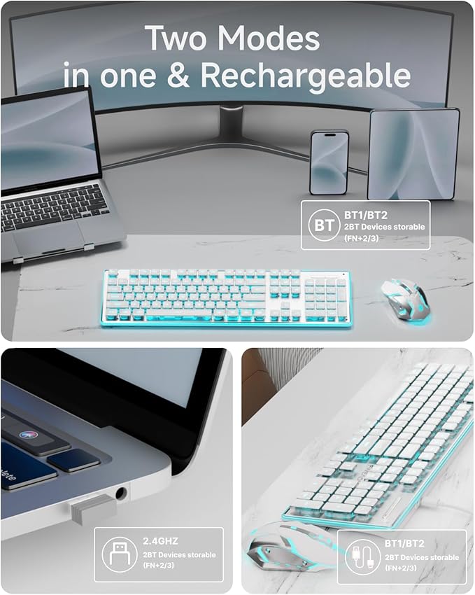 EWEADN V3 Wireless Keyboard and Mouse with Blue Backlit, Metal Panel, Bluetooth/2.4G Rechargeable Computer Keyboard and Mouse Combo Silent Lighted Full Size Cute Keyboards-White-DeskLoop Office