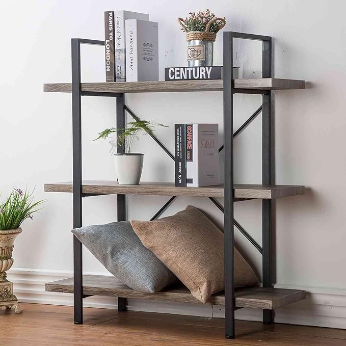 HSH 3-Shelf Bookcase, Rustic Gray 3 Tier Bookshelf, Vintage Industrial Wooden and Metal Display and Storage Bookshelves Tower for Home Office Livingroom Bedroom Light Grey Oak-DeskLoop Office