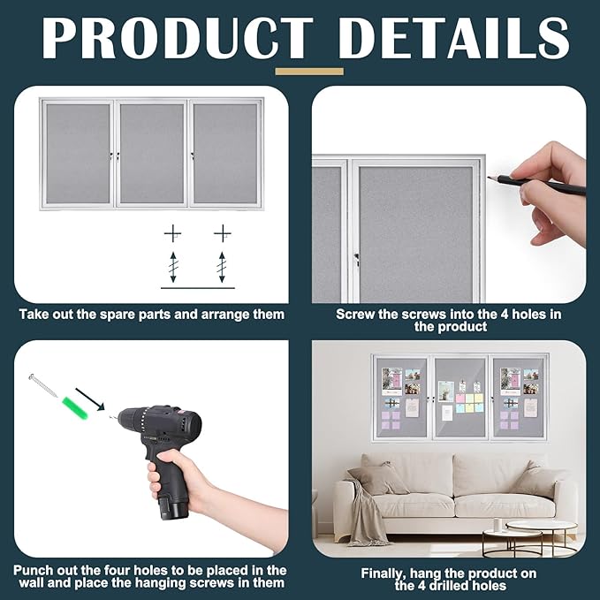 72" x 36" Enclosed Bulletin Board Outdoor 3 Door Weatherproof Tamper-Proof Enclosed Cork Board with Lock Aluminum Frame Display Case for Back to School, Office Commercial, 18xA4(Gray)-DeskLoop Office
