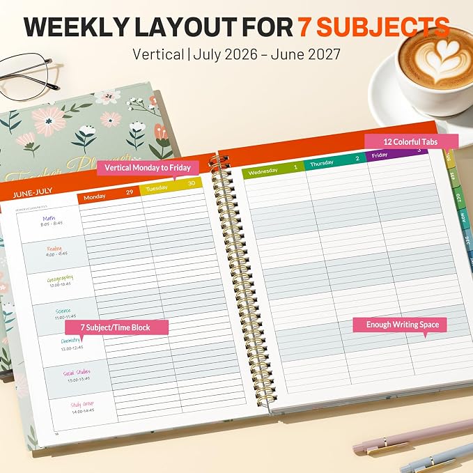 SUNEE Teacher Planner 2026-2027 Academic Year, 7 Periods Lesson Plan Book Jul - Image 2