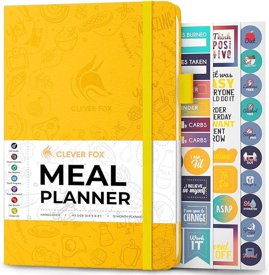 Clever Fox Weekly Meal Planner - Weekly & Daily Meal Prep Journal with Shopping and Grocery Lists for Menu Planning, Healthy Diet & Weight Loss Tracking, Lasts 1 Year, Undated, A5 - Amber Yellow-DeskLoop Office