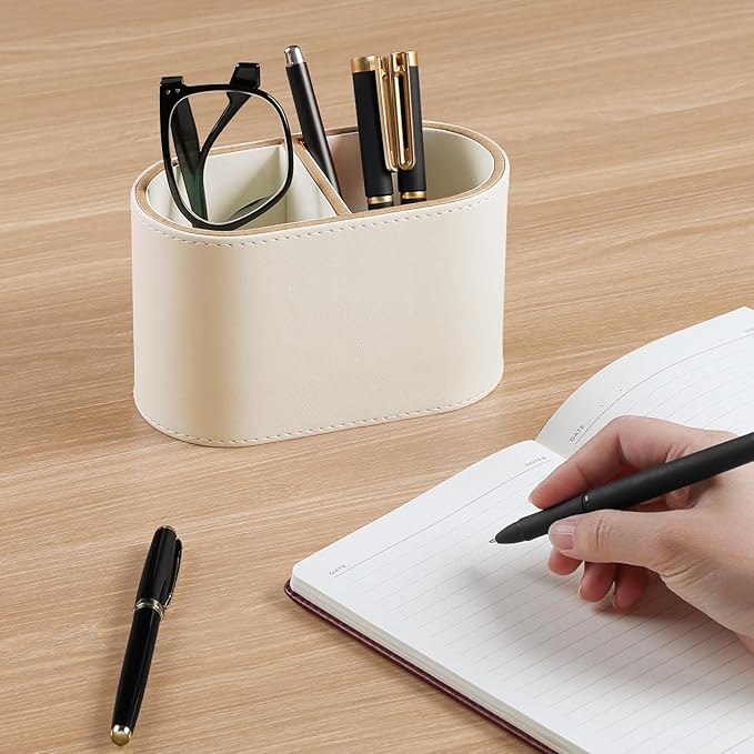 PU Leather Pen Holder for Desk, Small Remote Control Holder Pencil Cup Multifunctional Desktop Organizer Caddy for Home School Office Desk Accessories - 2 Compartments (Beige)-DeskLoop Office