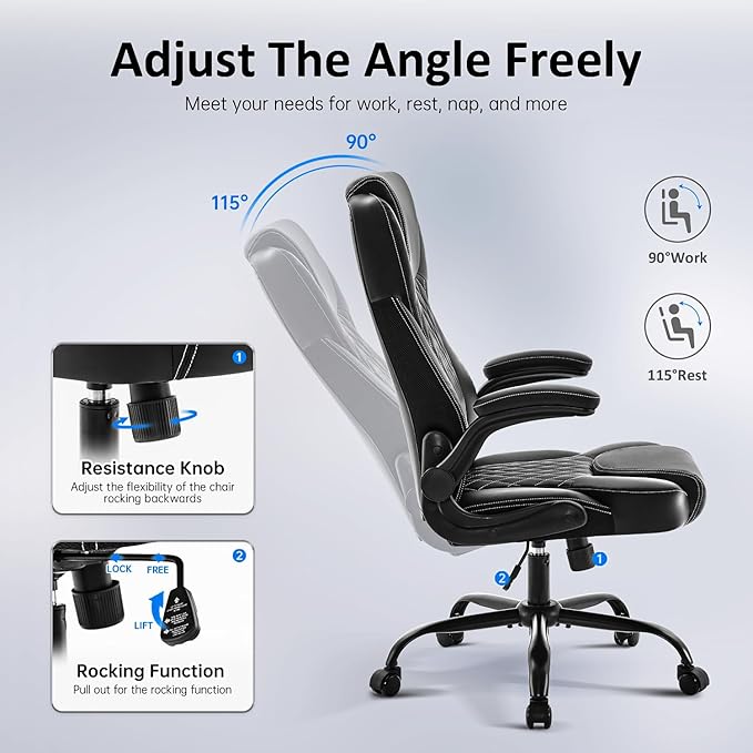 Office Chair, Executive Leather Chair Home Office Desk Chairs, Ergonomic Computer Desk Chair with Adjustable Flip-Up Arms, Lumbar Support Swivel Task Chair with Rocking Function (Black)-DeskLoop Office