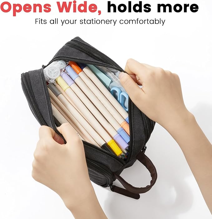 Sooez Large Pencil Case Pouch, Extra Big Pencil Pouch Pencil Bag with PU Handle & Zipper, Sturdy Pen Case with 3 Compartments, Aesthetic School College Supplies Organizer for Men Women Boys, Pink-DeskLoop Office