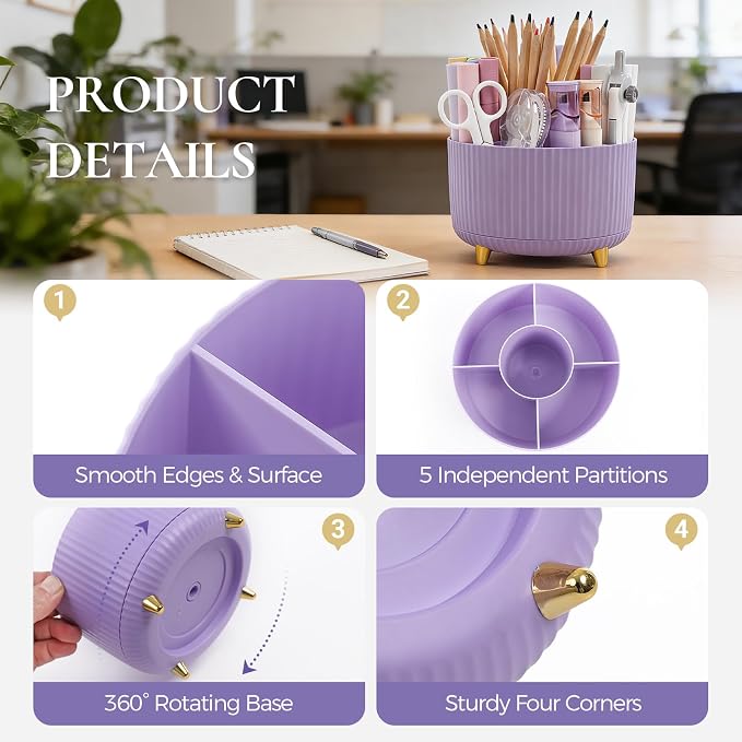 KONVINIT Pencil Pen Holder for Desk, 5 Slots 360-Degree Rotating Desktop - Image 4