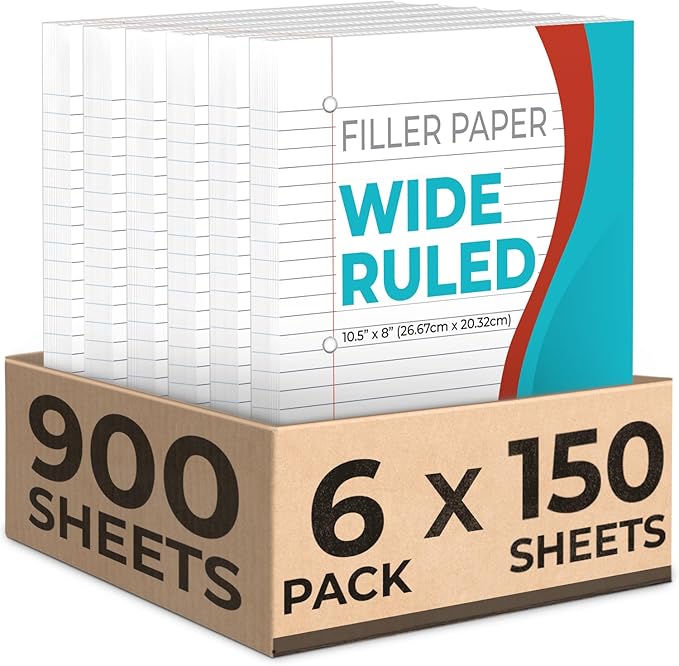 Loose Leaf Paper, 900 Sheets, 6 Pack, Wide Ruled, 8" x 10.5", 56 gsm Bulk Office Filler Sheets, 3 Hole Punched, 150 Sheets/Pack, Wide Ruled for 3 Ring Binder, Notebook Paper, White-DeskLoop Office
