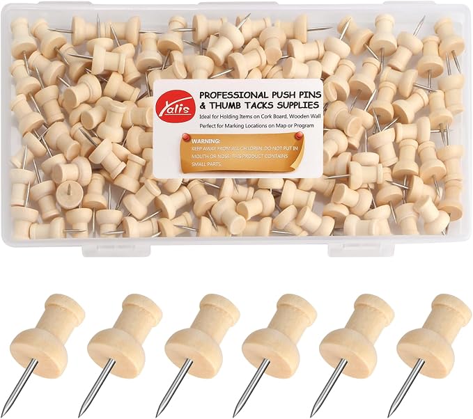 Wood Push Pins 120 Pcs, Decorative Wooden Thumb Tacks by Yalis