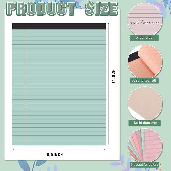 Fuutreo 8 Pcs 8.5'' x 11'' Colored Legal Pad Writing Pads Wide Ruled 50 Sheets - Image 2