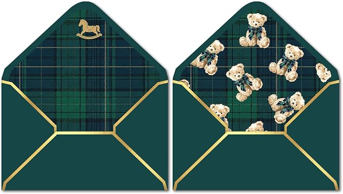 Whaline 50 Pcs Tartan Bear Envelopes Green Blue Plaids Bear Rocking Horse by Whaline