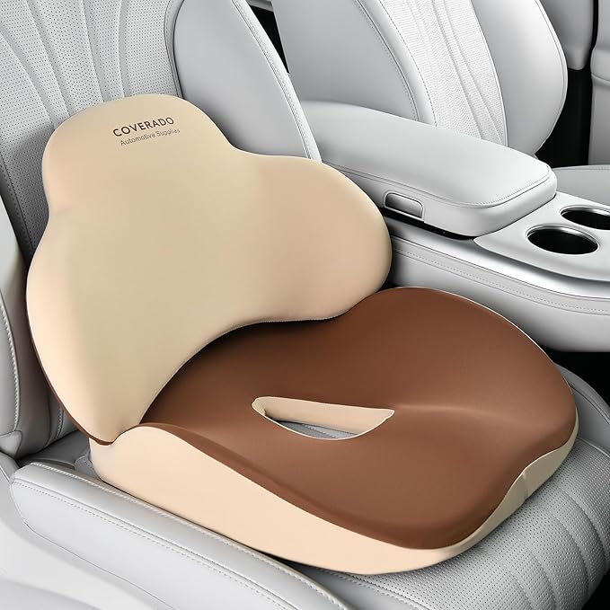 Coverado Seat Cushion and Lumbar Support Pillow for Car Office Chair, Ergonomic Memory Foam Desk Chair Cushion Back Support Pillow, Sciatica & Back & Tailbone Pain Relief Cushion-Beige-DeskLoop Office