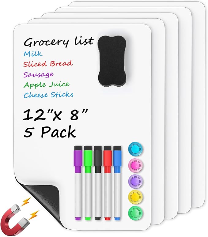 MaxGear Magnetic Whiteboard for Fridge 12x8 White 5 Pack | Strong Magnet by MaxGear